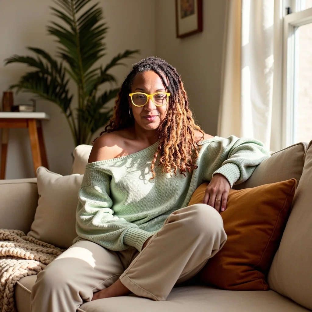 Nalani York seated on her sofa at home in warm sunlight, wearing yellow glasses and a soft green sweater.