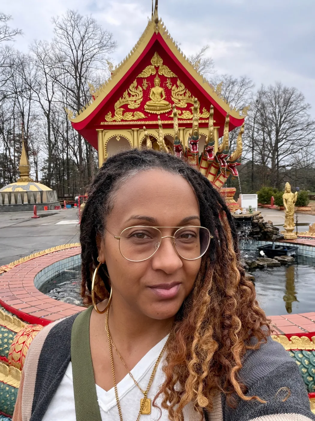 Nalani York visiting a Buddhist temple.