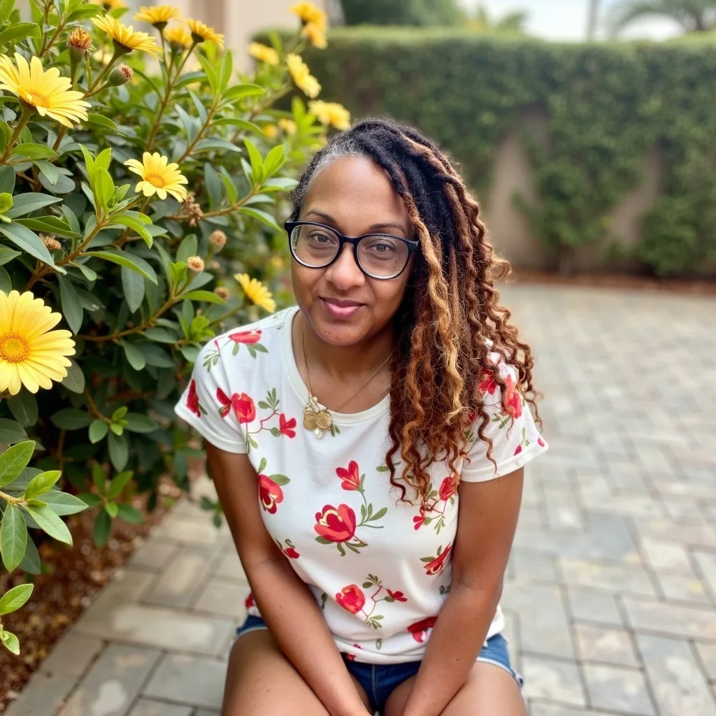 Nalani York smiling outdoors beside yellow flowers, wearing a floral shirt.